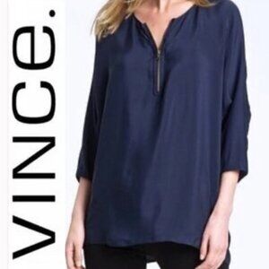 VINCE Blue Silk Blouse Loose Boxy Fit Oversized Small Fits Medium Zip Front